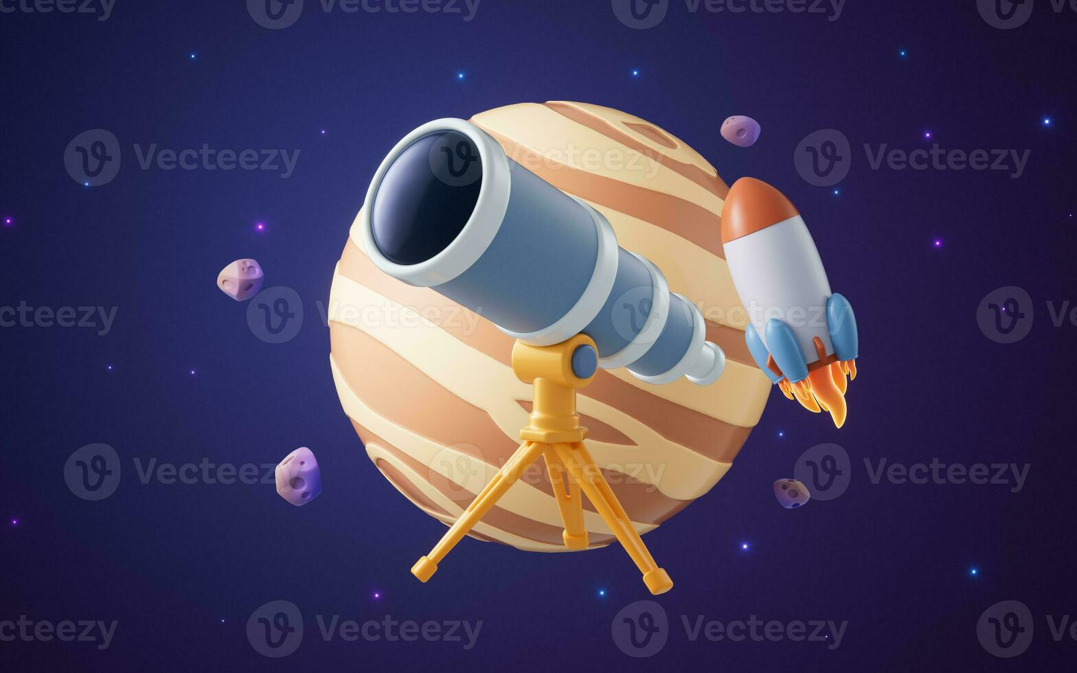 Telescope in outer space with cartoon style, 3d rendering. photo