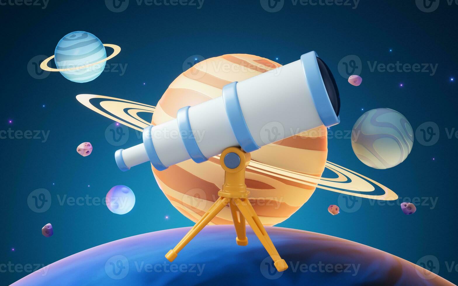 Telescope in outer space with cartoon style, 3d rendering. photo