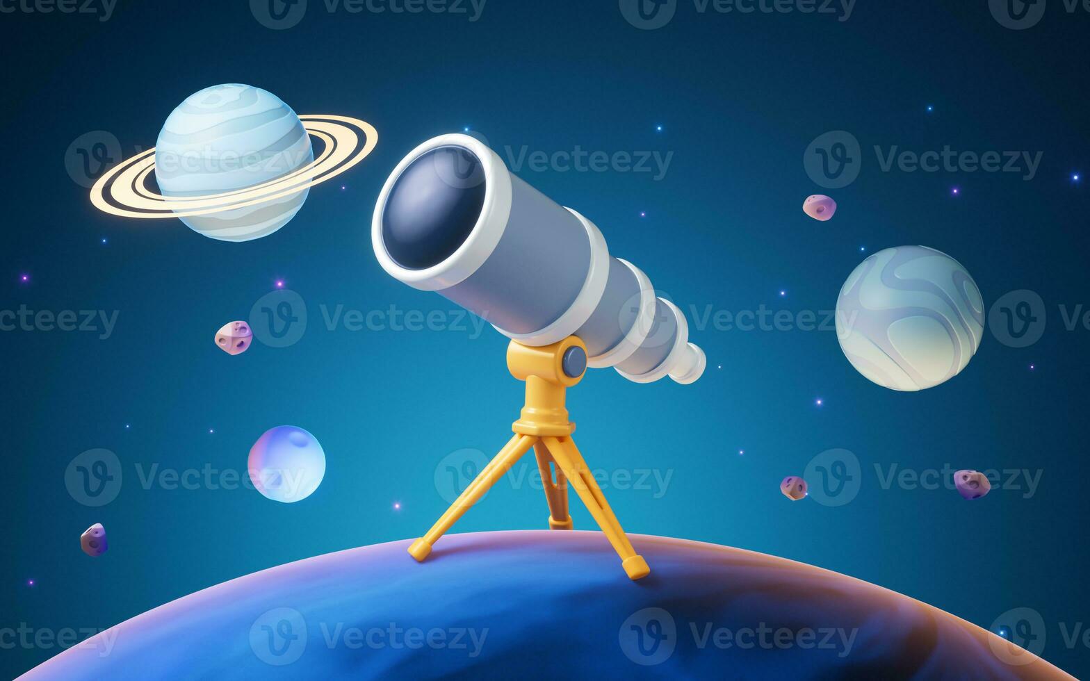 Telescope in outer space with cartoon style, 3d rendering. photo