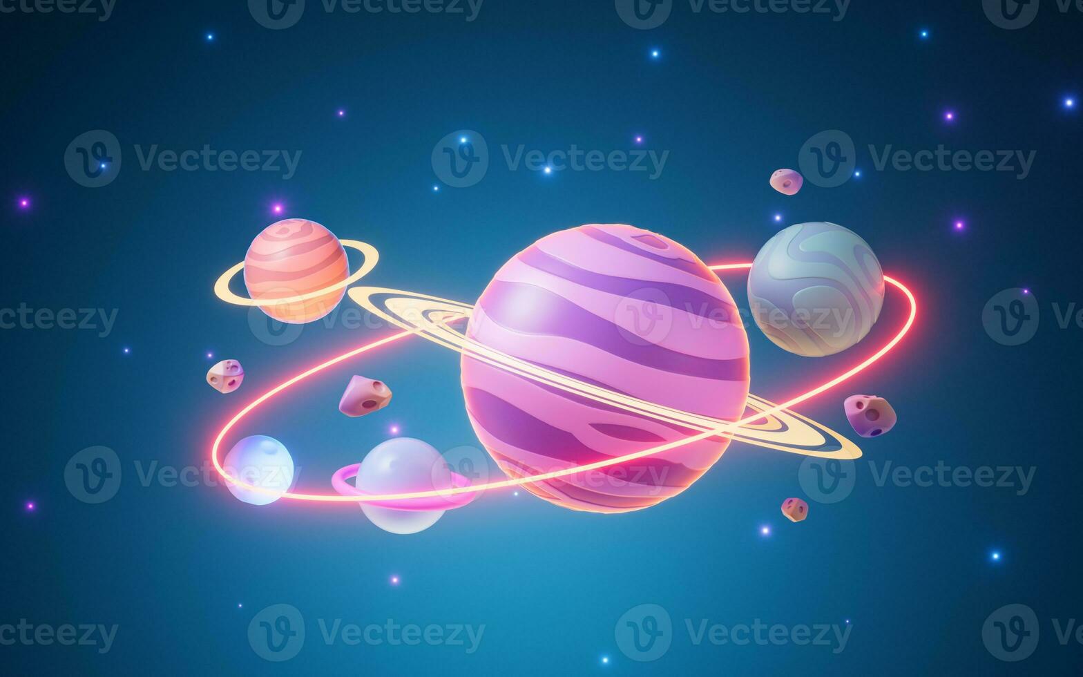 Cartoon style planet in the outer space, 3d rendering. photo