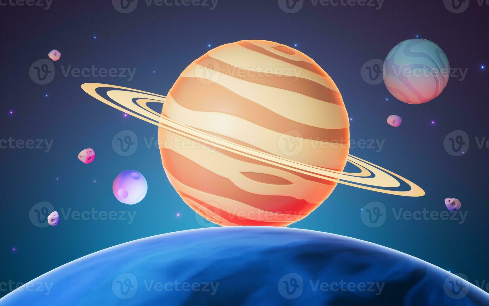 Cartoon style planet in the outer space, 3d rendering. photo
