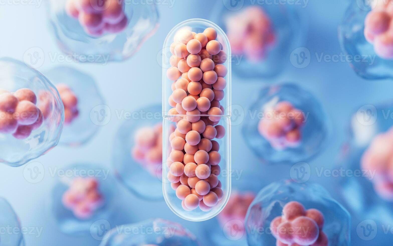 Medical capsule and transparent cell, 3d rendering. photo