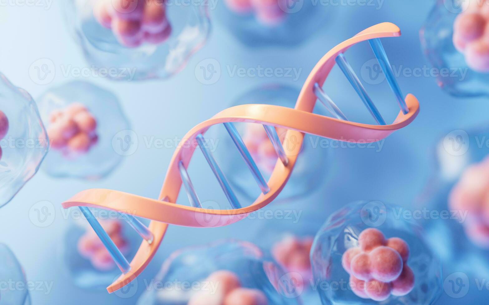DNA biology structure and transparent cell, 3d rendering. photo