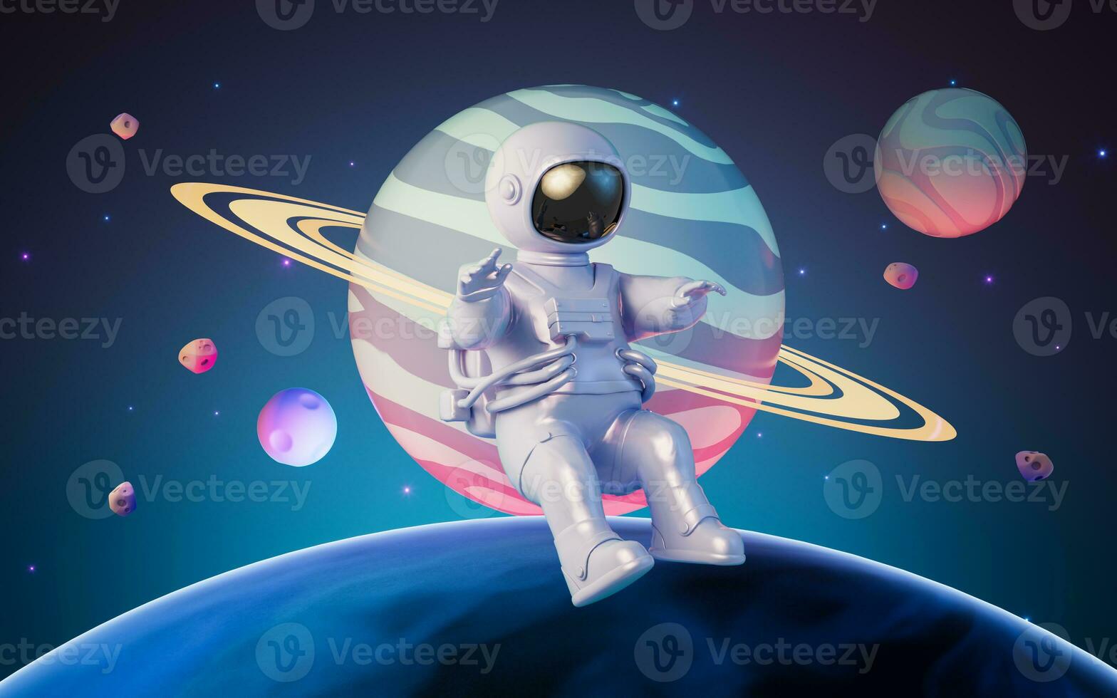 Cartoon spaceman with outer space background, 3d rendering. photo