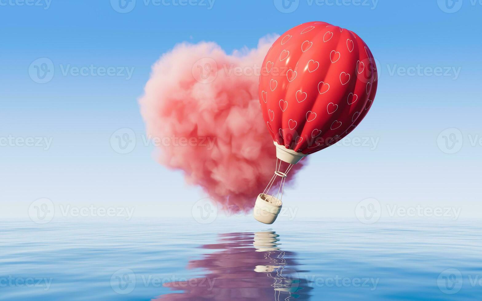 Heart shape soft cloud and hot air balloon, 3d rendering. photo