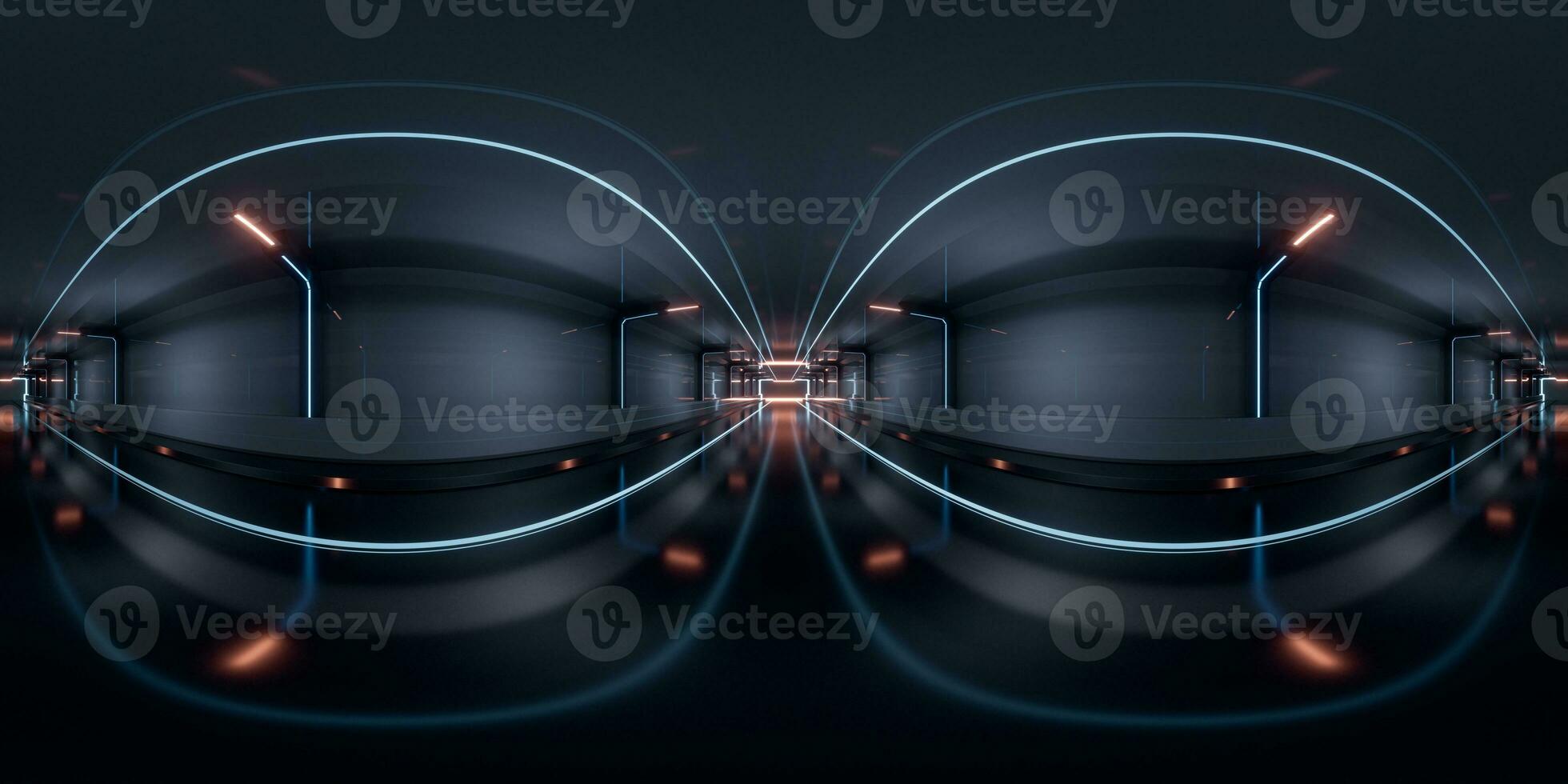 Dark tunnel with 360-degree seamless panoramic view. 3d rendering. photo