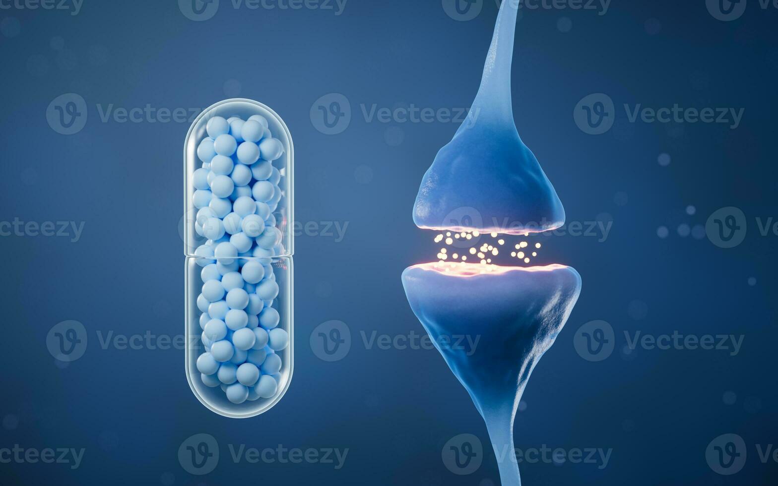 Synapse of neuron cell and capsule, 3d rendering. photo