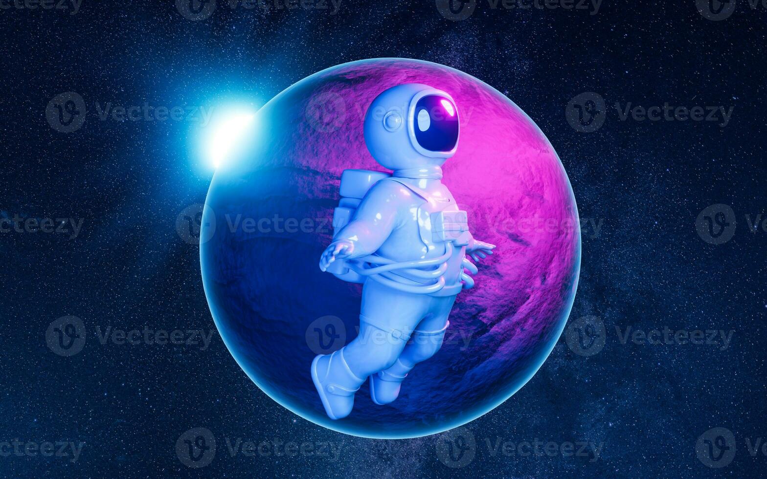 Cartoon spaceman with outer space background, 3d rendering. photo