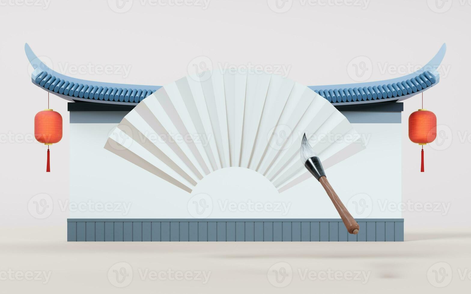 Ancient Chinese brush and fan, 3d rendering. photo