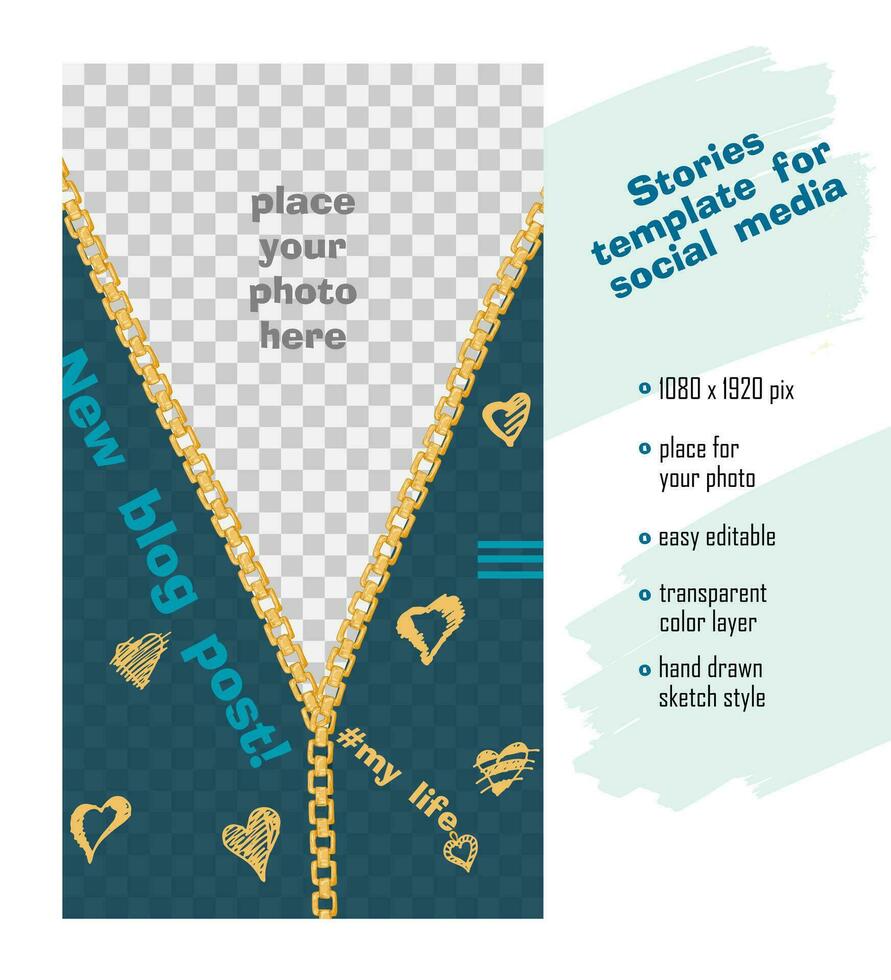 Trendy easy editable template for social media stories in hand-drawn sketch style. Creative design background for individual and corporate web promotion, blogs vector