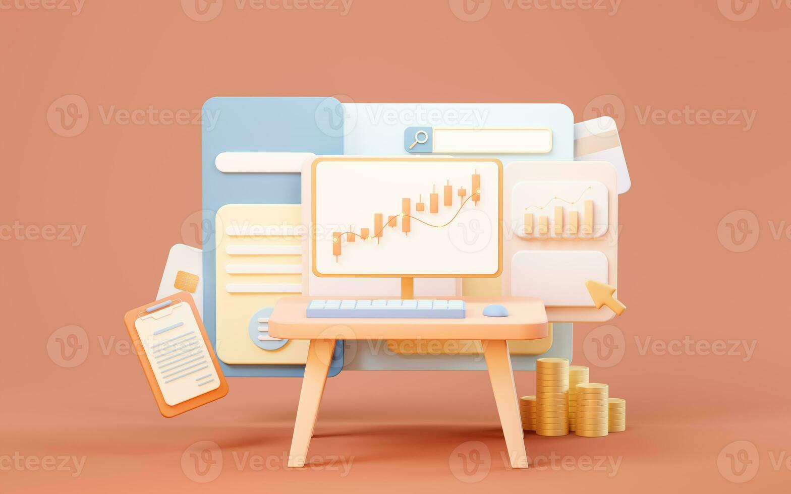Candlestick chart and website page, 3d rendering. photo
