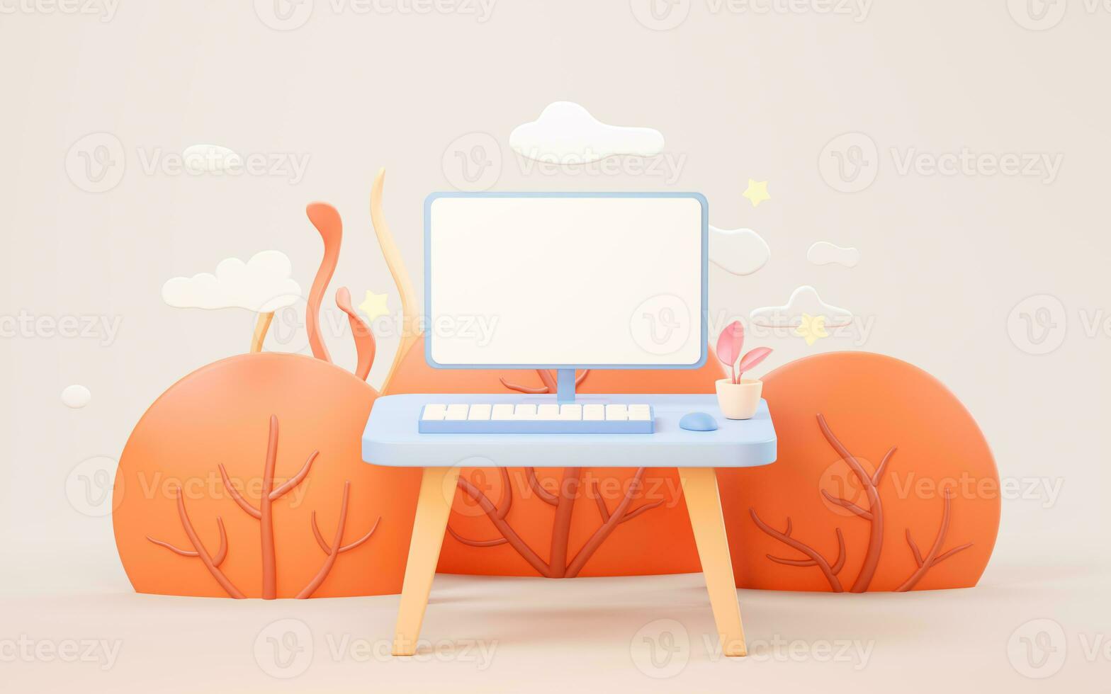 Computer on the desk with cartoon style, 3d rendering. photo