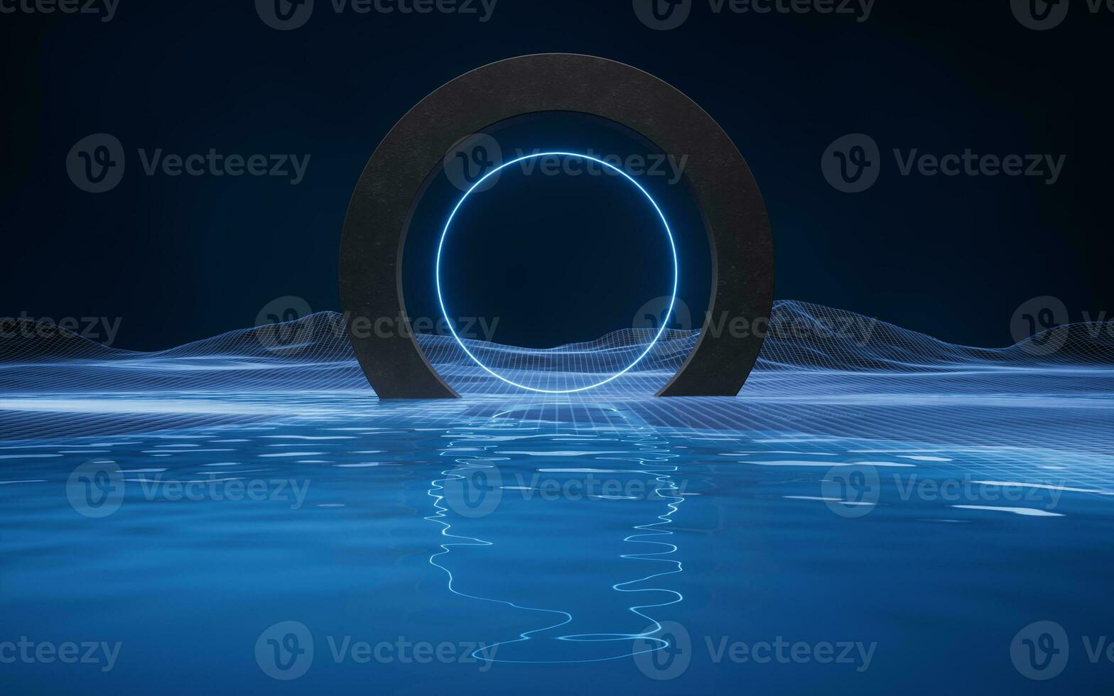 Digital space with round geometric door, 3d rendering. photo