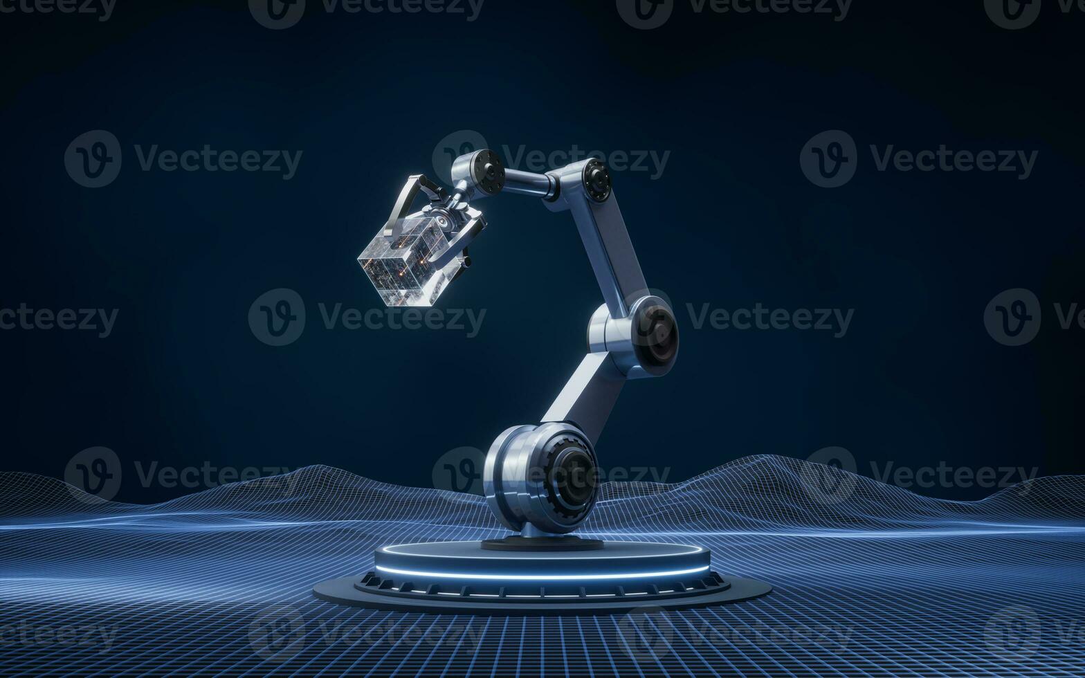 Mechanical arm and digital grid space, 3d rendering. photo