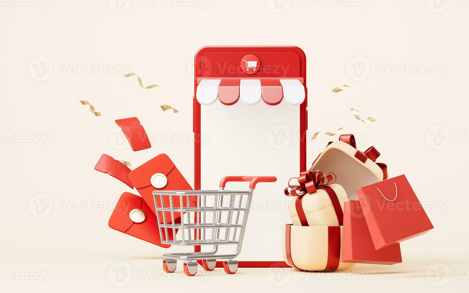 Online market store with cartoon style, 3d rendering. photo