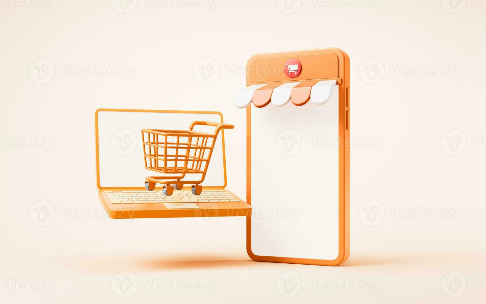 Online market store with cartoon style, 3d rendering. photo