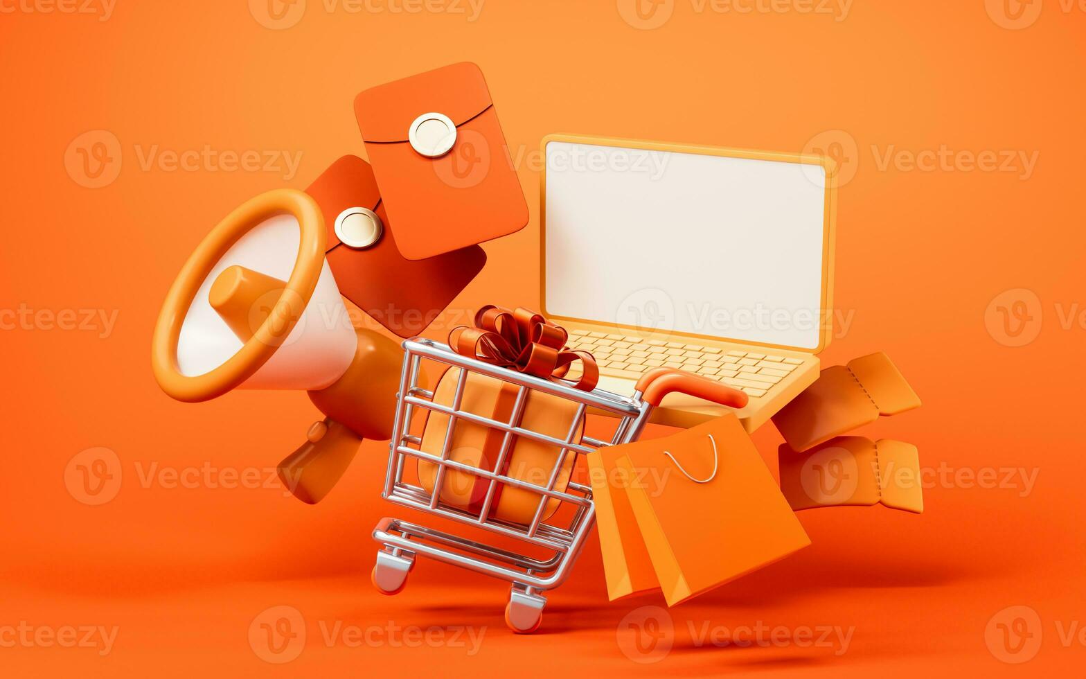 Cartoon shopping cart with shopping theme, 3d rendering. photo