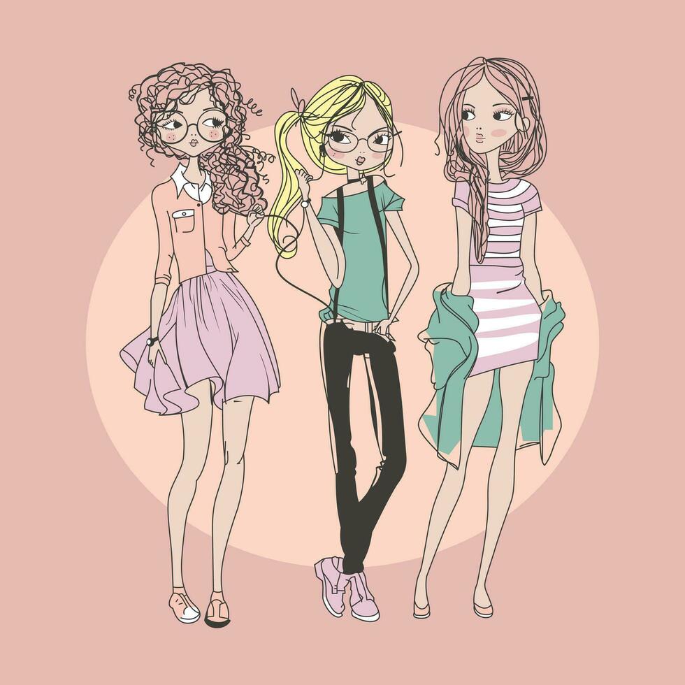 3 Girls Young Fashion Characters Vector Illustration