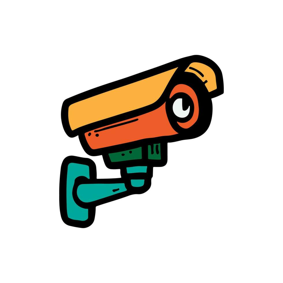 Security camera. CCTV surveillance system. Monitoring, guard equipment, burglary or robbery prevention. Vector illustration isolated on white background.