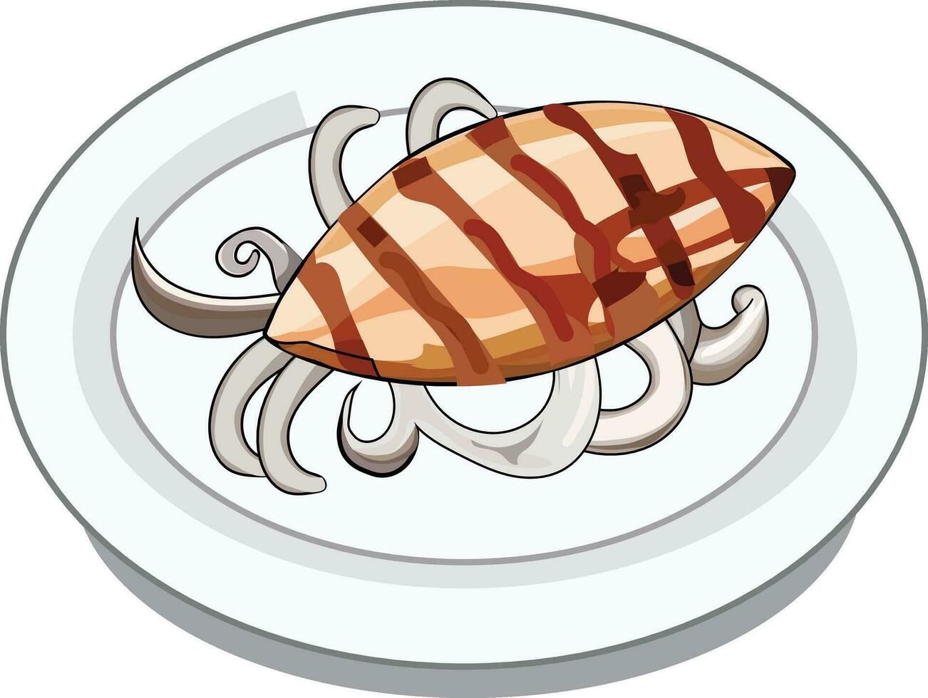 Grilled squid in white plate isolated on white background. Vector illustration EPS 10.