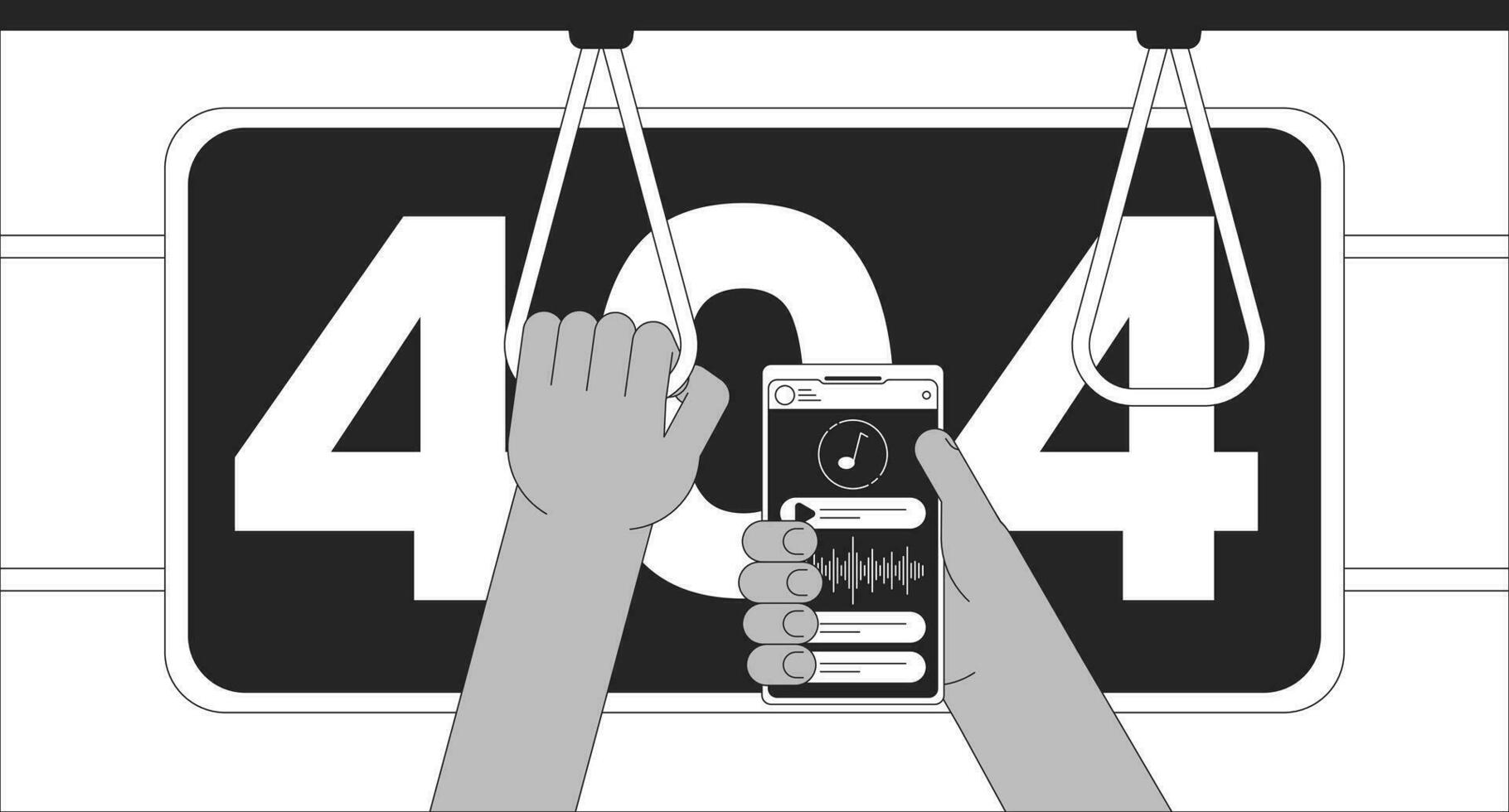Subway music black white error 404 flash message. Commuter on phone. Monochrome website landing page ui design. Not found cartoon image, dreamy vibes. Vector flat outline illustration concept