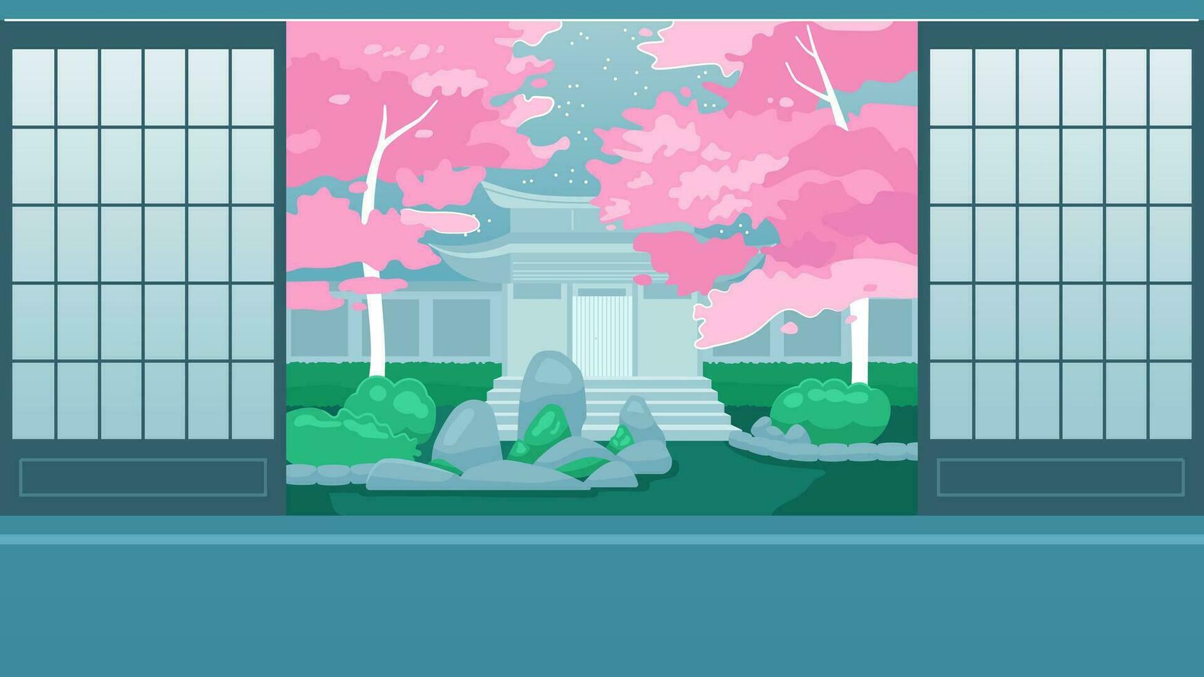 japonés habitación interior linda kawaii lo fi antecedentes. sakura jardín 2d vector dibujos animados interior ilustración, lofi estético fondo de pantalla escritorio. japonés anime escenario, soñador vibraciones