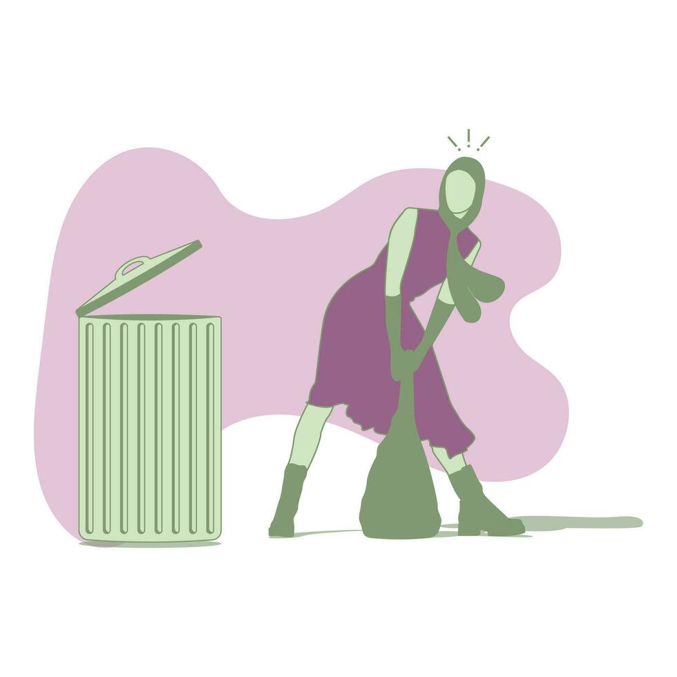 Flat style vector illustration of a woman character taking out the trash.