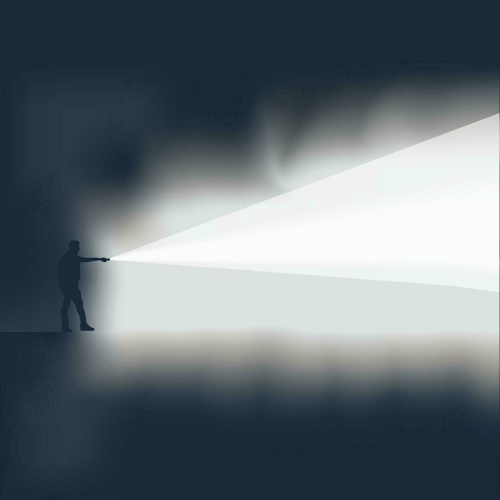 Illustration Vector Graphic of A person looking for a way in the dark night using a flashlight, on a dark gray background.