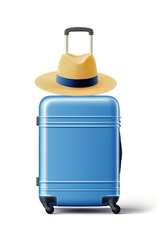 Suitcase with summer hat isolated photo