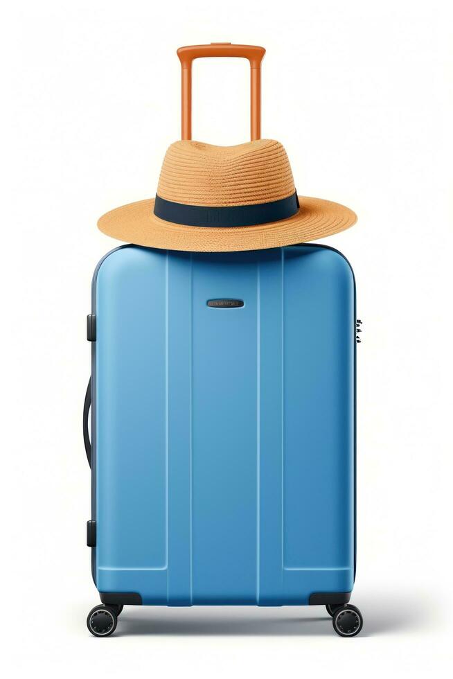 Suitcase with summer hat isolated photo