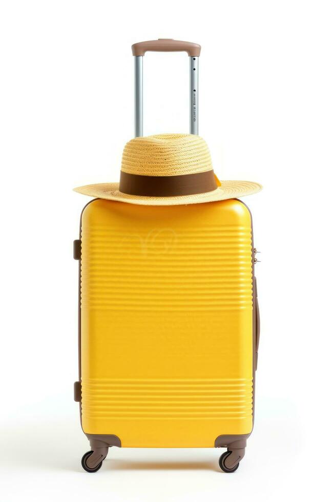 Suitcase with summer hat isolated photo
