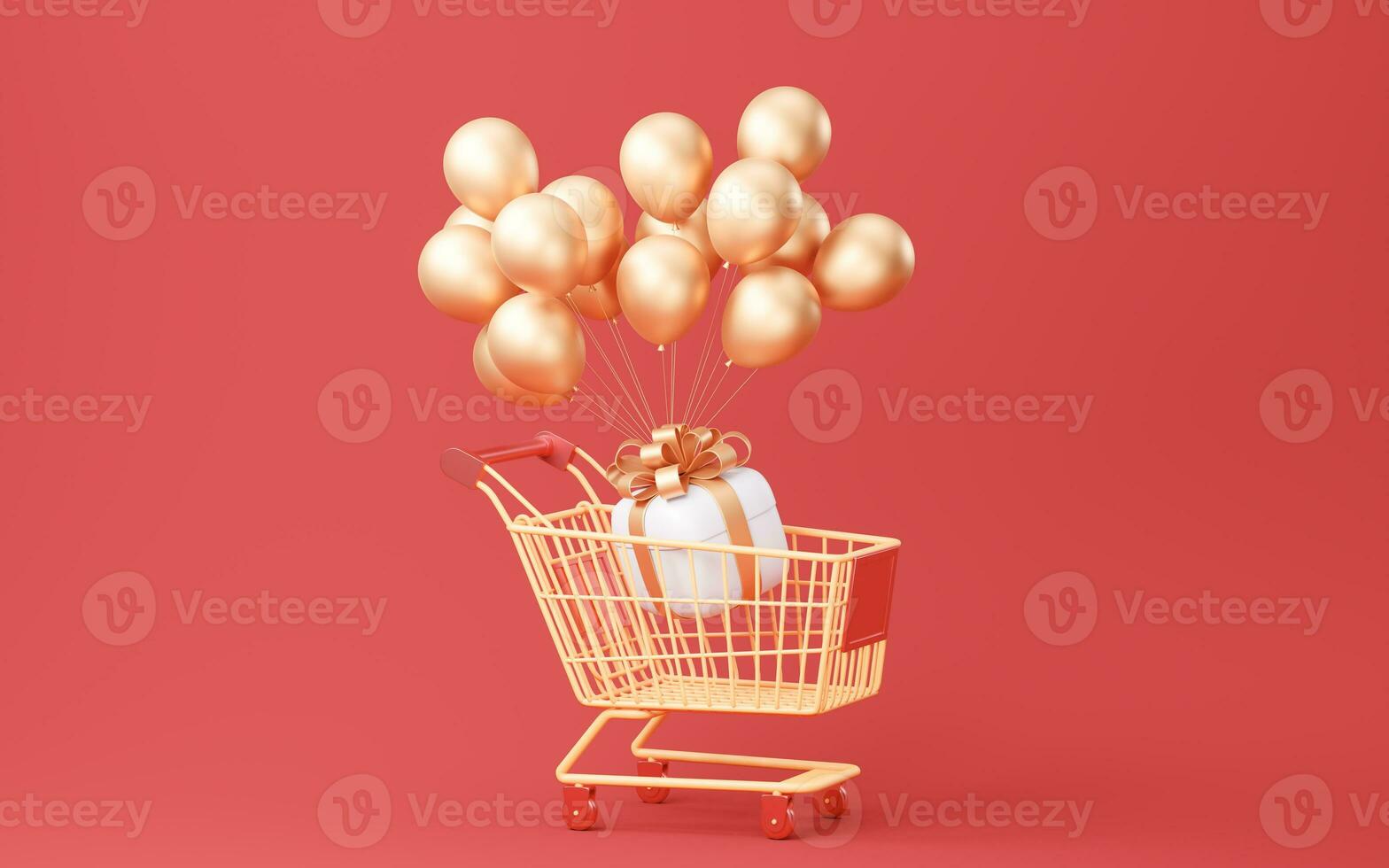 Shopping cart with gift boxes, 3d rendering. photo