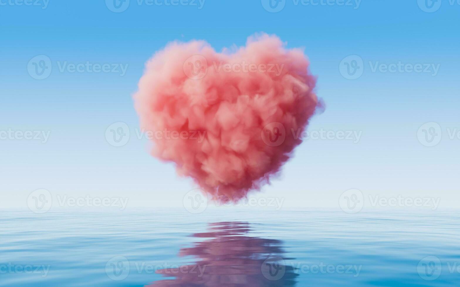 Heart shape soft cloud with water surface, 3d rendering. photo