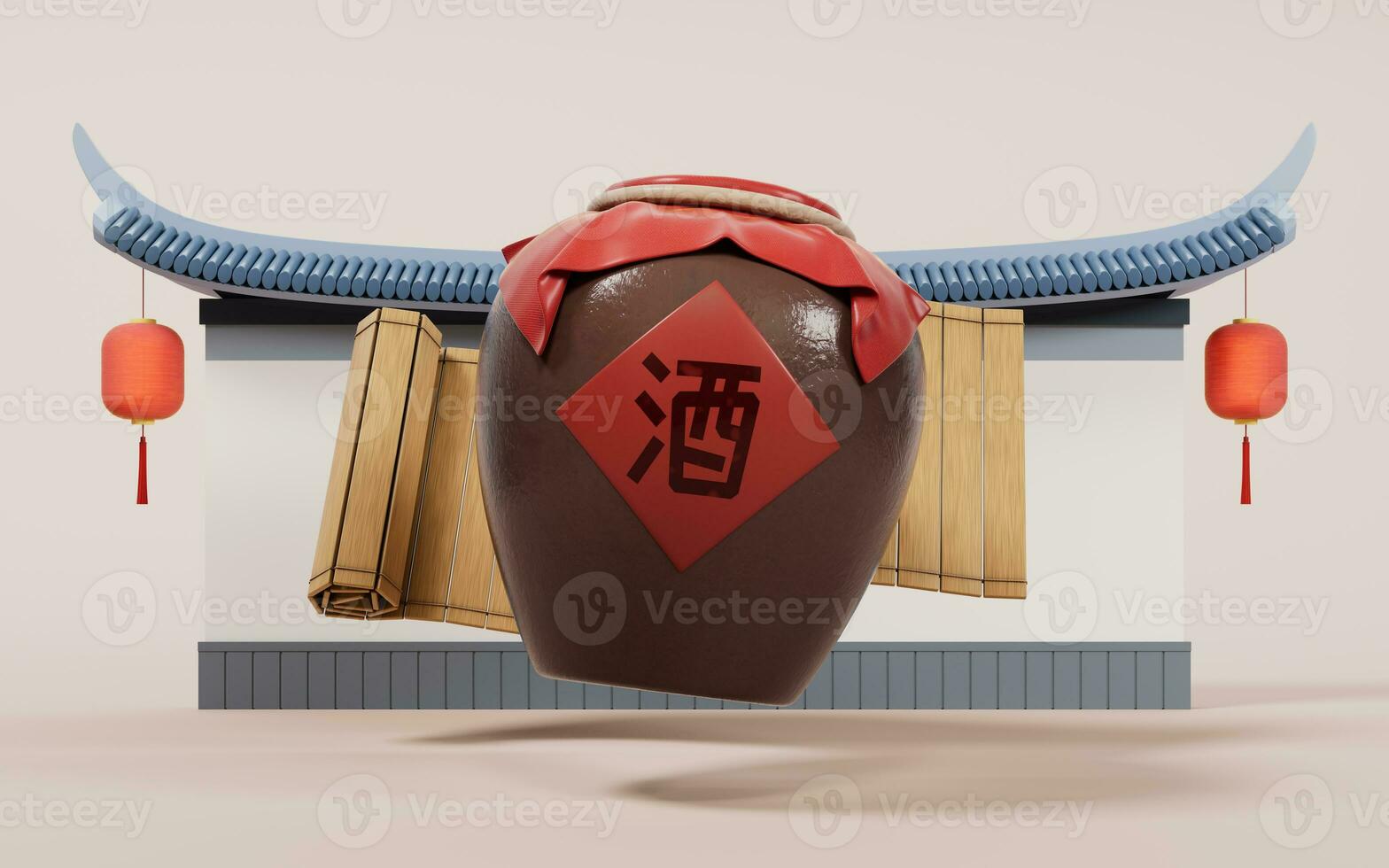 Chinese ancient wine with retro style, 3d rendering. Translation on the jar wine. photo
