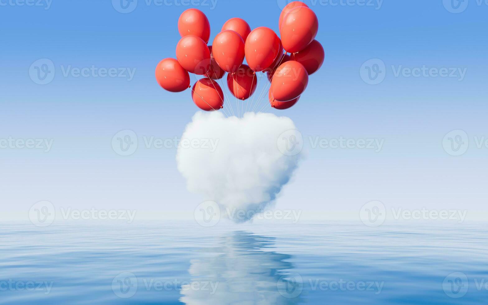 Heart shape soft cloud with water surface, 3d rendering. photo