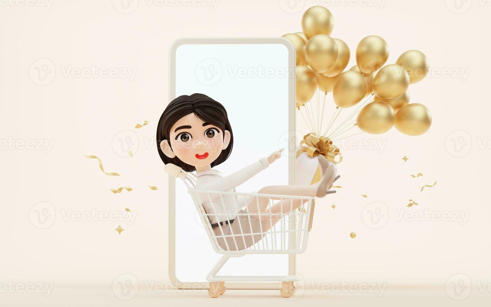 Cartoon girl with shopping cart, 3d rendering. photo