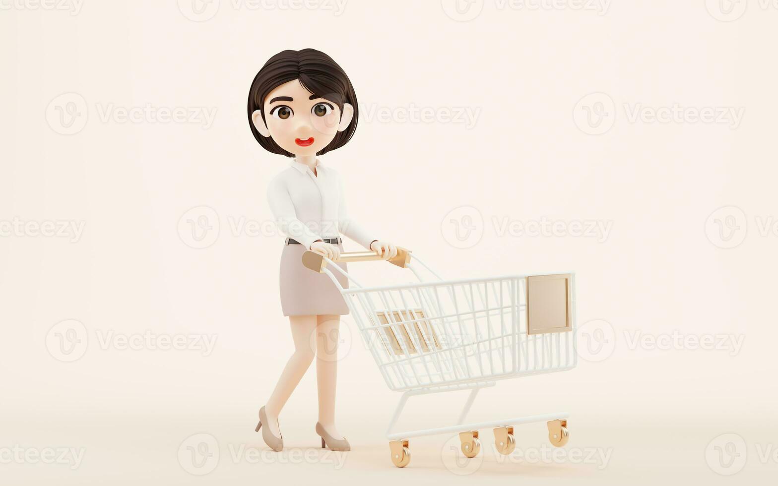 Cartoon girl with shopping cart, 3d rendering. photo