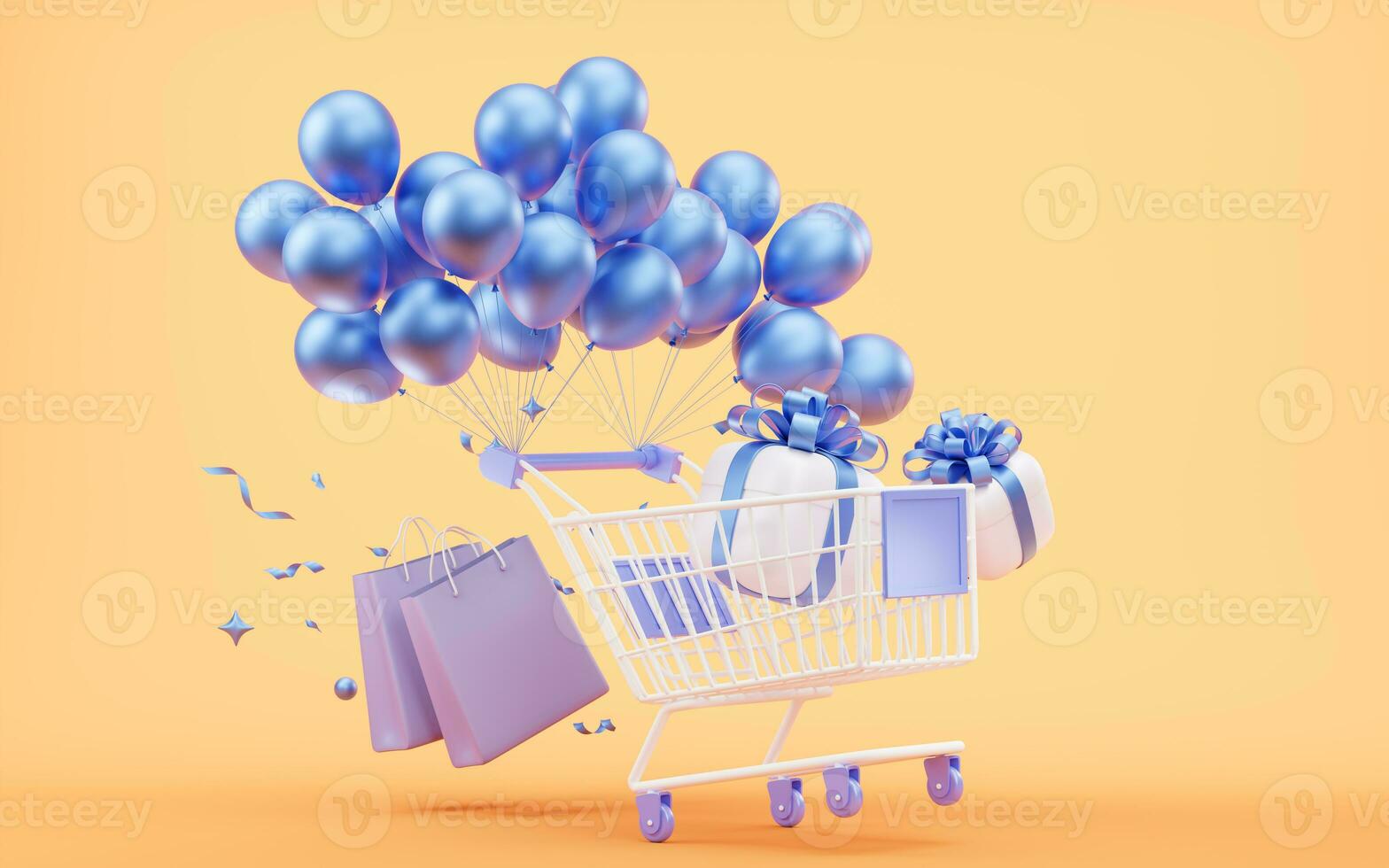 Shopping cart with gift boxes, 3d rendering. photo