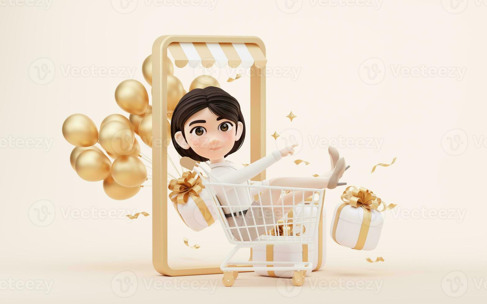 Cartoon girl with shopping cart, 3d rendering. photo