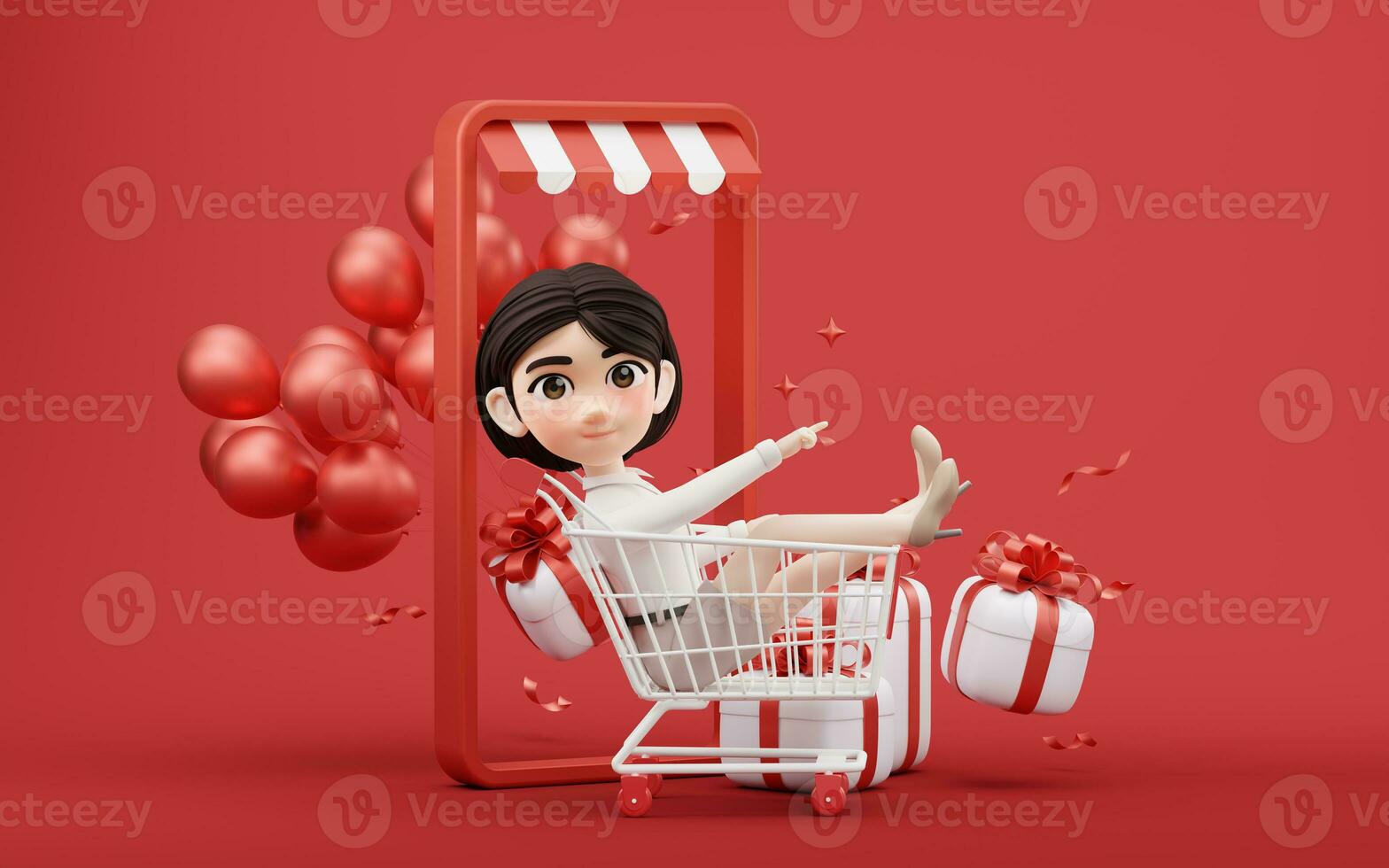 Cartoon girl with shopping cart, 3d rendering. photo