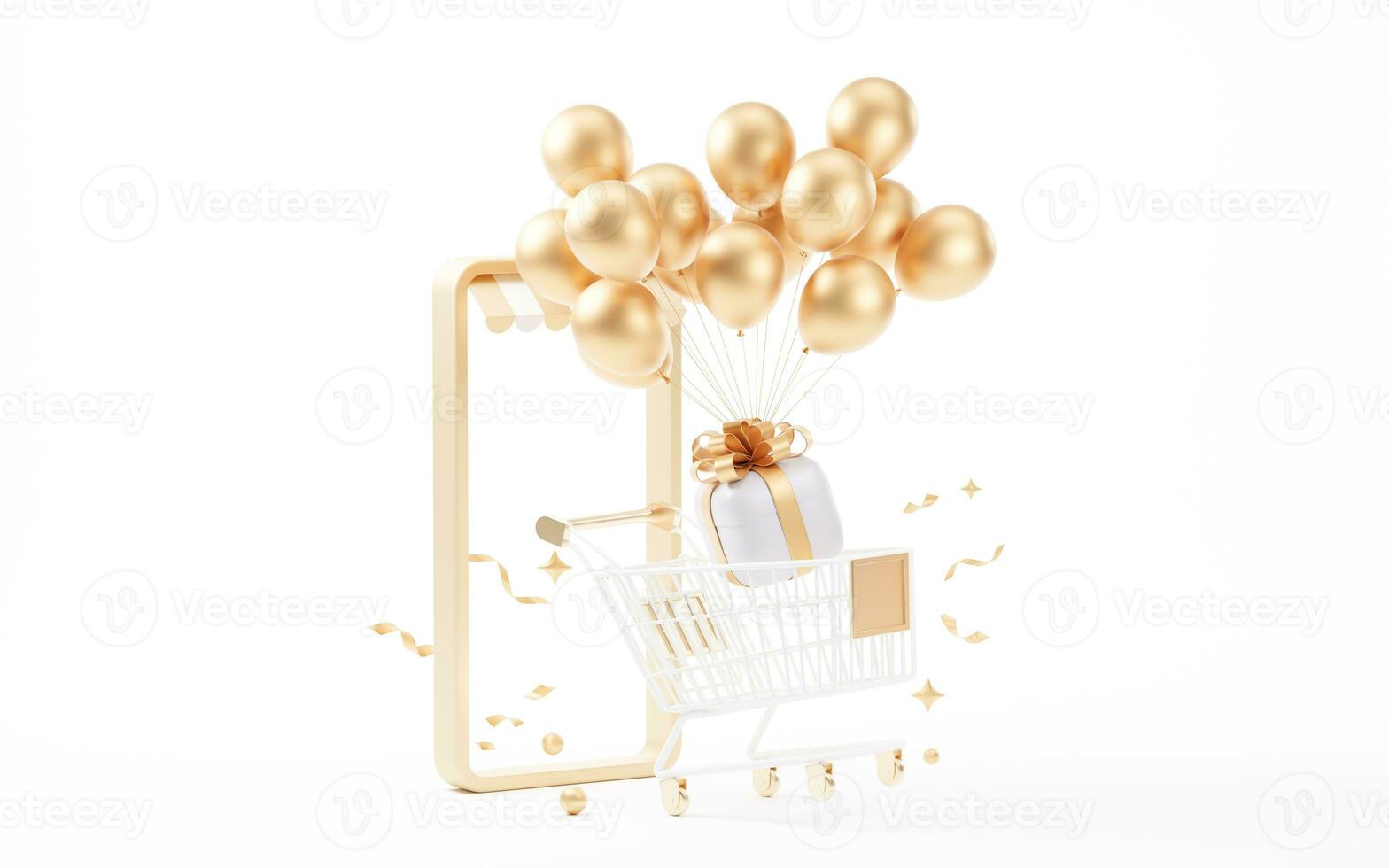 Shopping cart with gift boxes, 3d rendering. photo