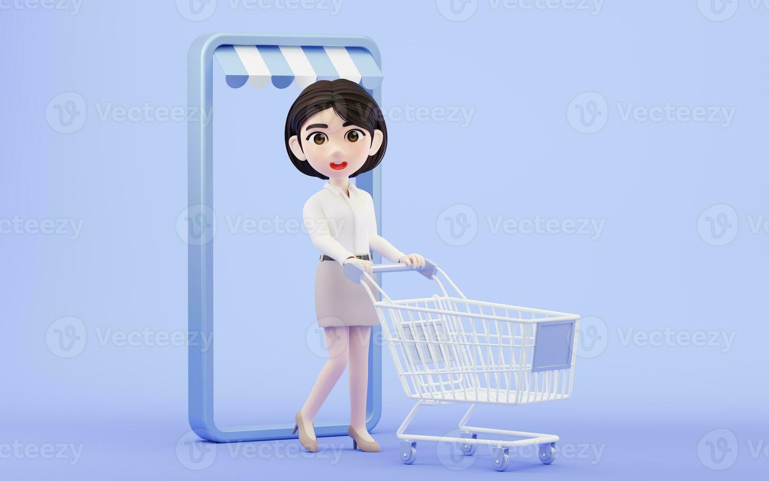 Cartoon girl with shopping cart, 3d rendering. photo