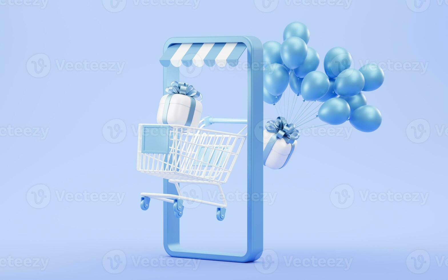 Shopping cart with gift boxes, 3d rendering. photo
