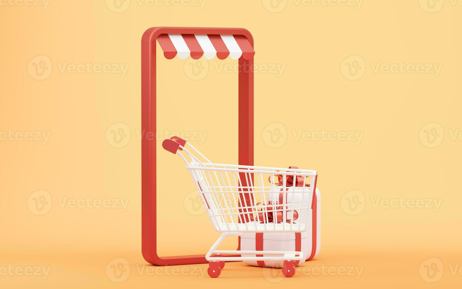 Shopping cart with gift boxes, 3d rendering. photo