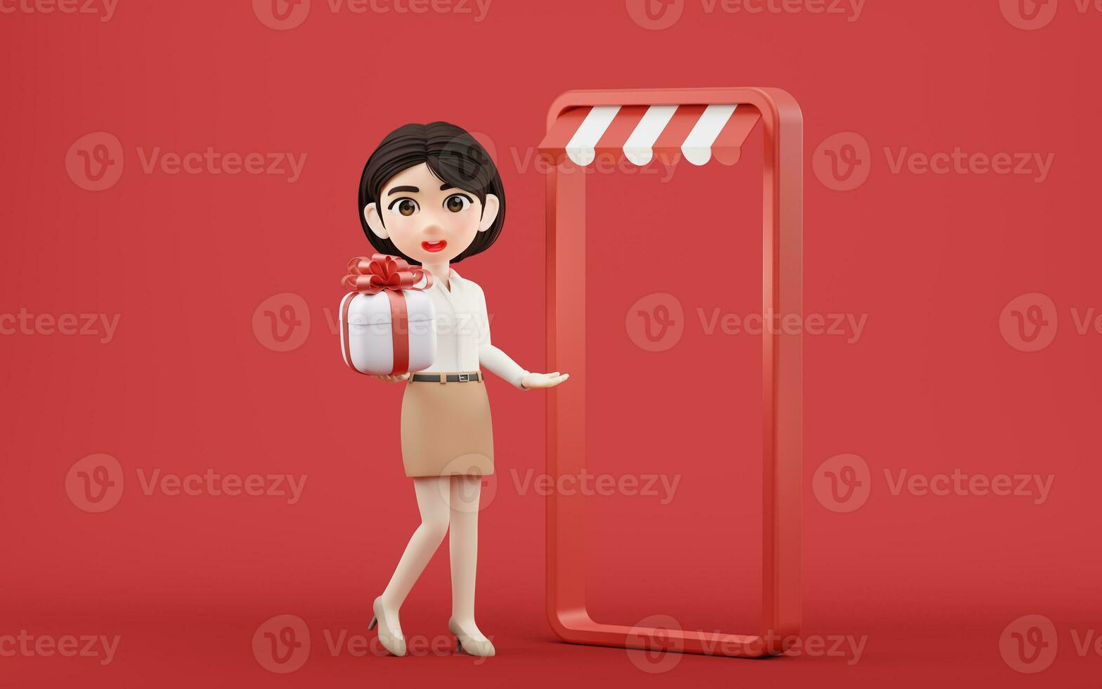 Cartoon girl with gift box, 3d rendering. photo