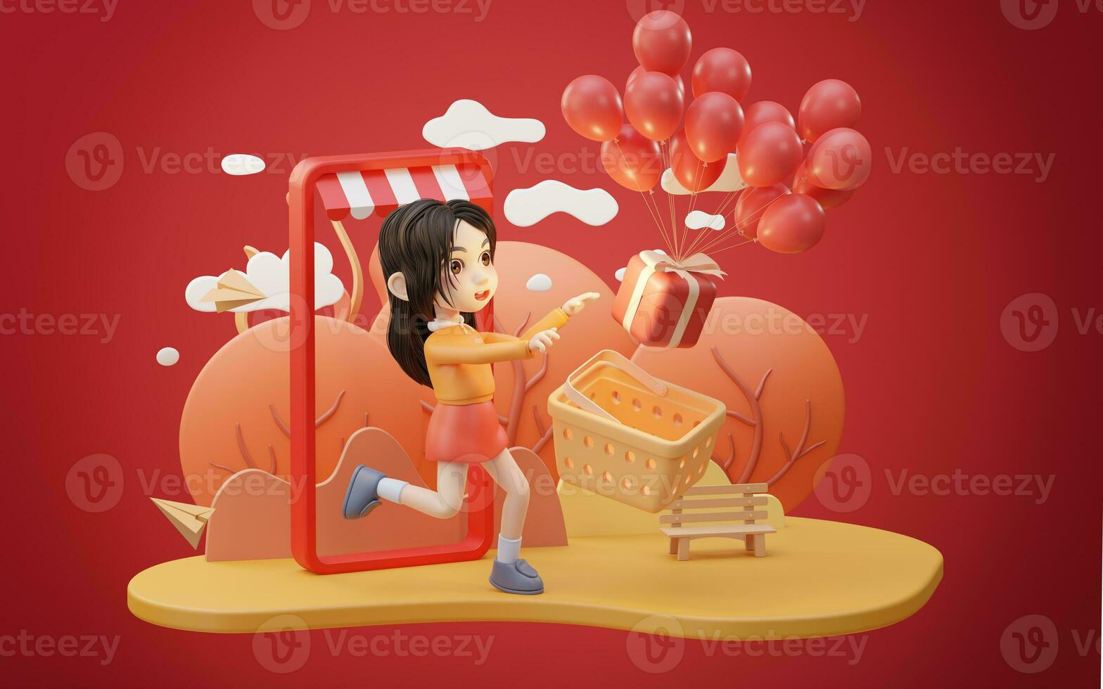 Little girl with shopping theme with cartoon style, 3d rendering. photo