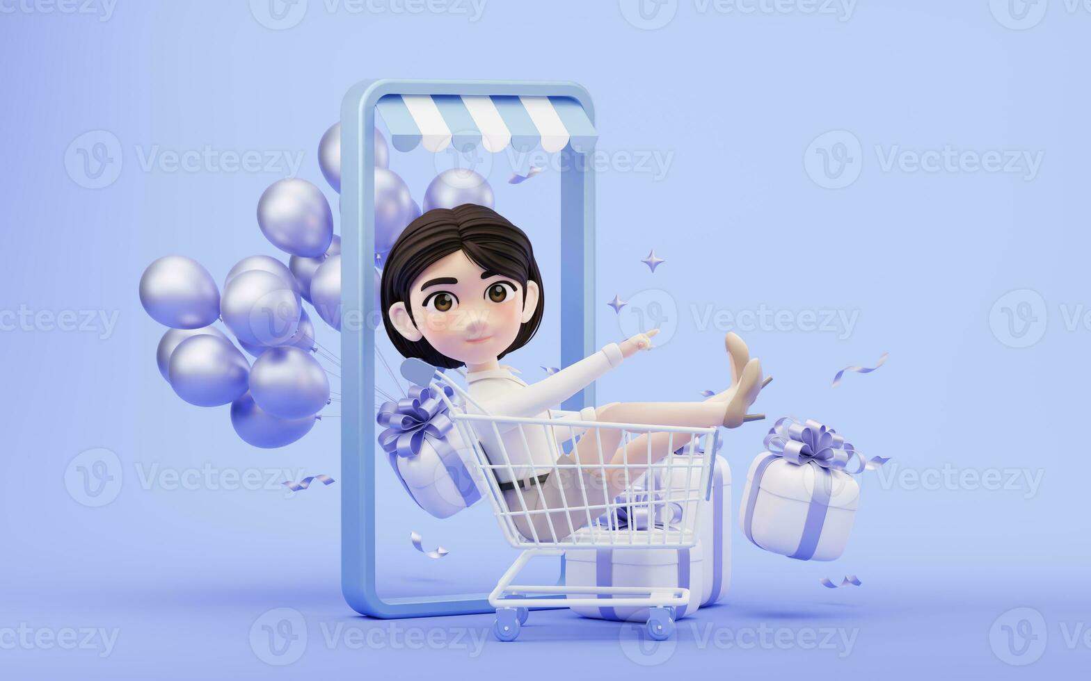 Cartoon girl with shopping cart, 3d rendering. photo