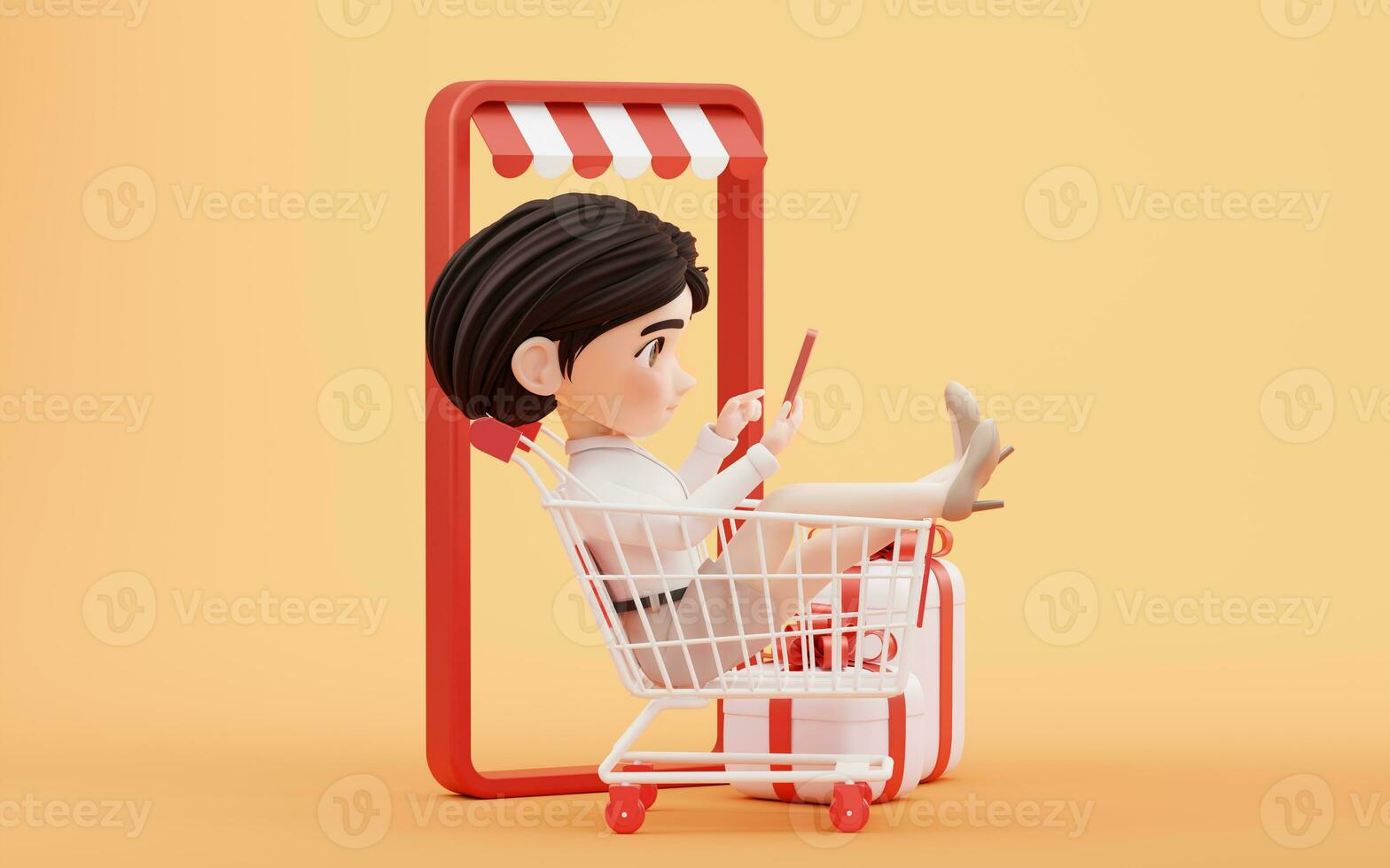 Cartoon girl with shopping cart, 3d rendering. photo