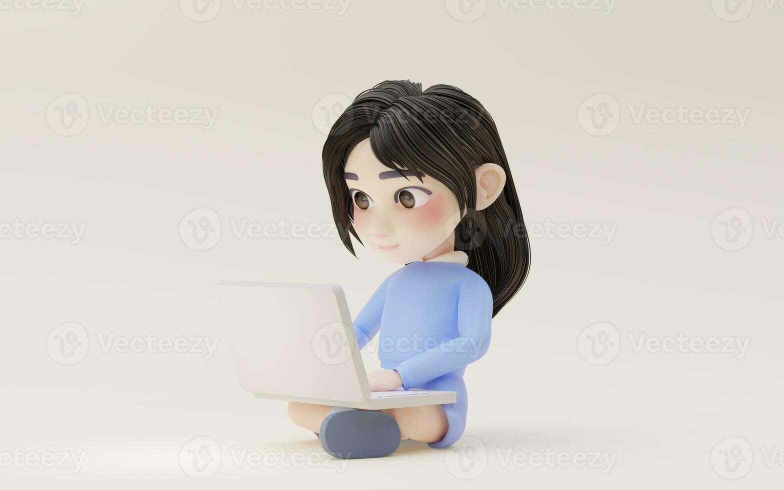 Little girl working with laptop with cartoon style, 3d rendering. photo