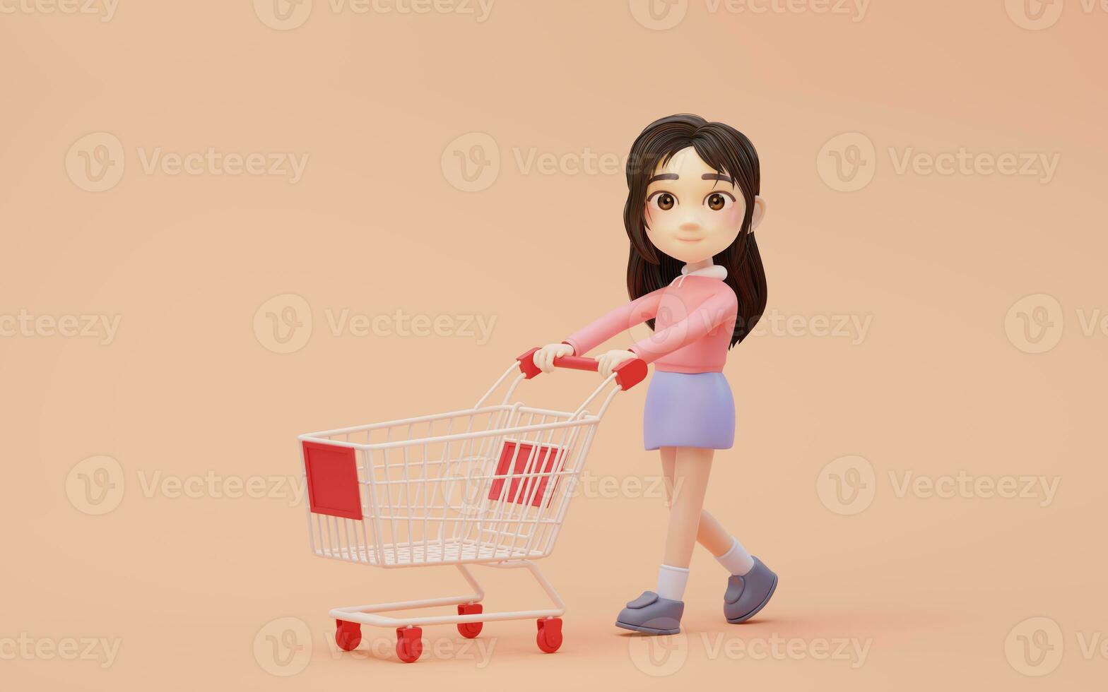 pequeño niña con compras tema con dibujos animados estilo, 3d representación. foto